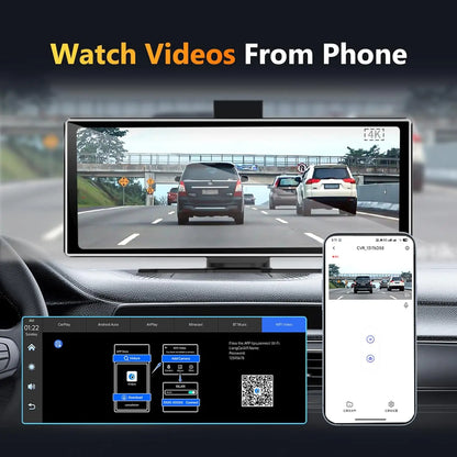 11.26 pouces Dash Cam 4K voiture DVR sans fil Carplay et Android Auto GPS Navigation enregistreur vidéo tableau de bord double objectif 5G Wifi FM AUX