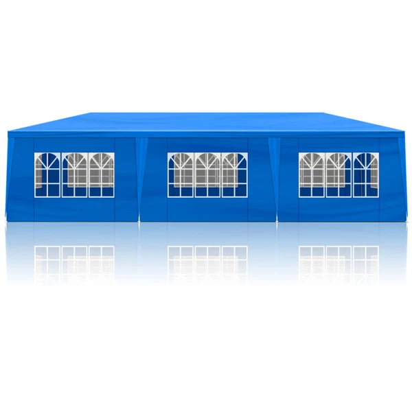 Tente de réception extérieure bleue 10x30 pieds (900x300 cm) en tissu PE imperméable avec structure en acier et 8 parois latérales amovibles avec fenêtres, capacité 50 personnes