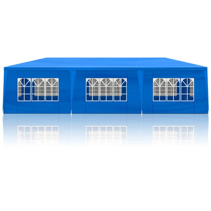 Tente de réception extérieure bleue 10x30 pieds (900x300 cm) en tissu PE imperméable avec structure en acier et 8 parois latérales amovibles avec fenêtres, capacité 50 personnes