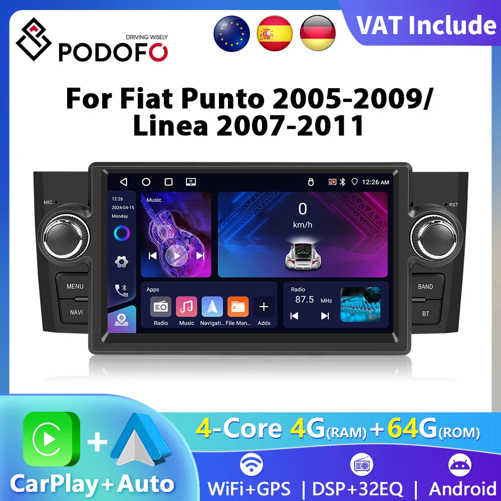 Podofo 7 "autoradio sans fil CarPlay Android Radio pour FIAT Punto 2005-20009/Linea 2007-2011 multimédia GPS FM WIFI BT Autoradio