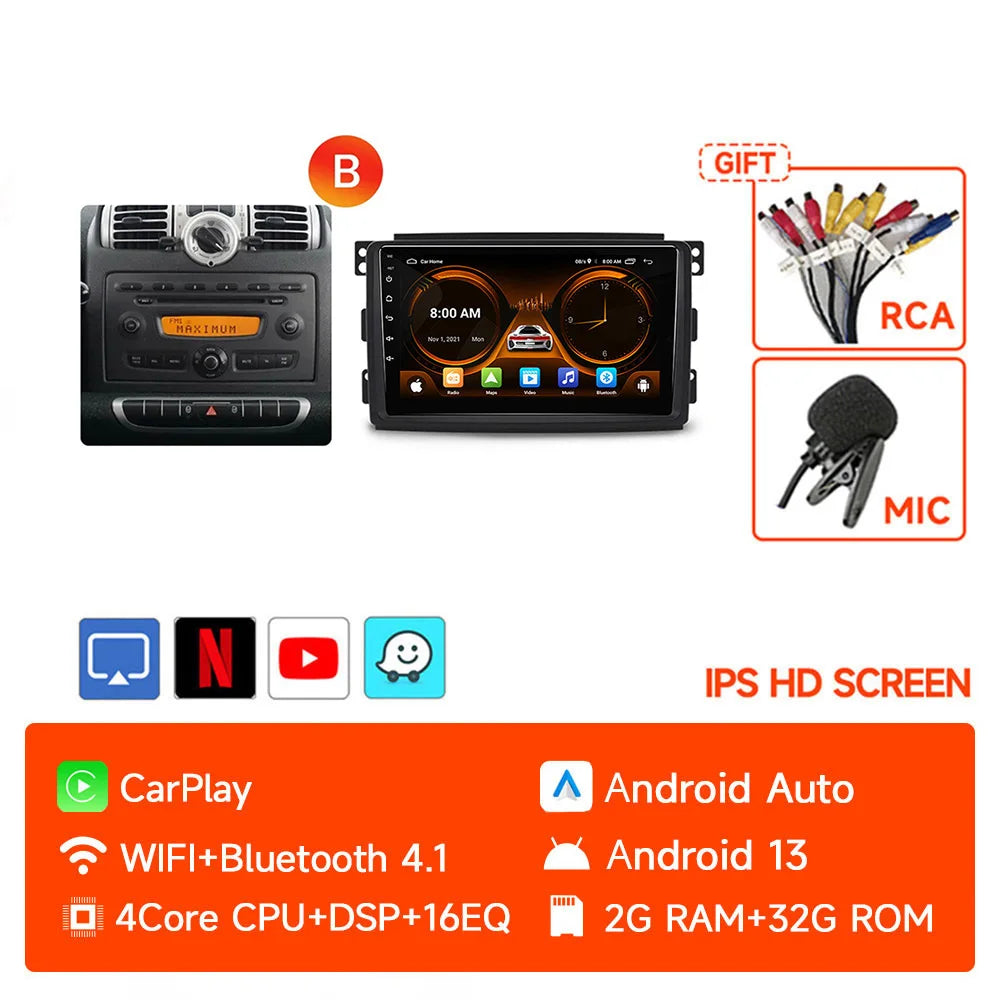 JIUYIN-Autoradio TS18 AI Voice Wireless CarPlay Android Auto Radio pour Smart Fortwo 451, 2005-2010, 4G, GPS, 2Din, Limitation de la voiture