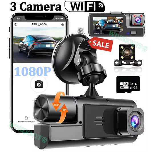 Caméra de Tableau de Bord pour Voiture, Enregistreur Vidéo 1080P, WIFI, DVR, dashcam voiture，dashcam voiture ，camera voiture，camera voitures Vue Avant et Arrière, Vision Nocturne, Boîte Noire, Accessoires, 3 Caméra