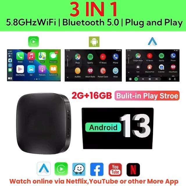 Android 13 Carplay Box, Smart TV Box sans fil, système intelligent de voiture, prise en charge WiFi, Netflix prometteur, Auto, 2G + 32G, 2024