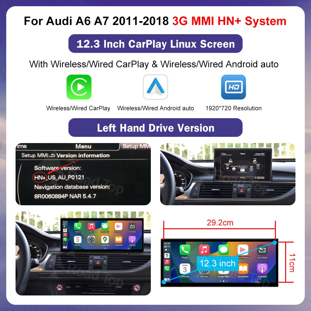 Autoradio multimédia stéréo pour Audi A6 C6 C7 A7 2011-2018 sans fil CarPlay GPS Navi lecteur Radio Bluetooth 12.3 "écran tactile