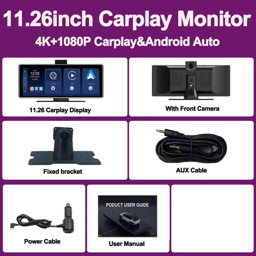 راديو سيارة لاسلكي يدعم CarPlay و Android Auto، مشغل مرآة محمول عالمي، صوت بلوتوث، ستريو AUX، يدعم Apple أو Android، مقاس 10.26 بوصة
