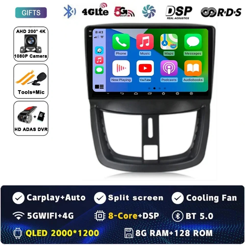 Autoradio Android 15 pour Peugeot 207 CC 207CC 2006 - 2015 sans fil Carplay Android Auto stéréo lecteur multimédia WiFi 4G 2 Din