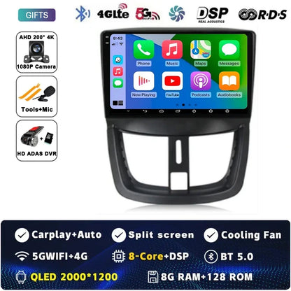 Autoradio Android 15 pour Peugeot 207 CC 207CC 2006 - 2015 sans fil Carplay Android Auto stéréo lecteur multimédia WiFi 4G 2 Din