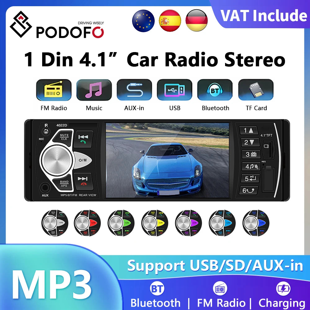 Podofo Autoradio 1 Din MP3 4.1 pouces FM Audio stéréo lecteur Bluetooth Autoradio Support caméra de recul volant Contral