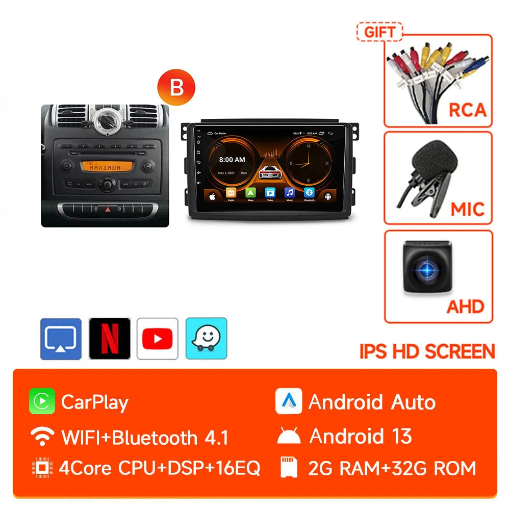 JIUYIN-Autoradio TS18 AI Voice Wireless CarPlay Android Auto Radio pour Smart Fortwo 451, 2005-2010, 4G, GPS, 2Din, Limitation de la voiture