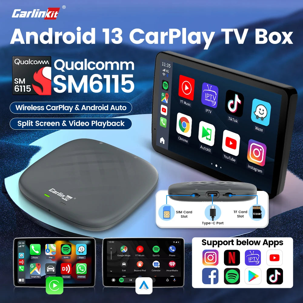 CarlinKit-Smart CarPlay Ai Box, Android 13, prend en charge Netflix, écran partagé prometteur, sans fil, Auto et CarPlay, Smart TV Box, 2026