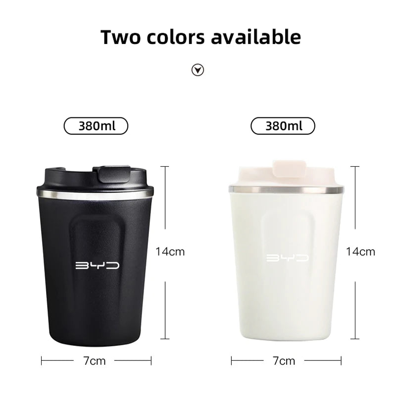 Tasse à café de voiture de 380ML, tasse thermique de voyage en acier inoxydable pour BYD Qing E3 Atto 3 E6 Tang F3 D1 chanson Yuan E2 E1 I3 G3 M6 F3R E9 S8
