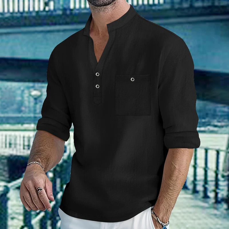 Chemises légères pour hommes, manches longues, en coton et lin, Henley, pour la plage, hawaïen, col en v, polo respirant