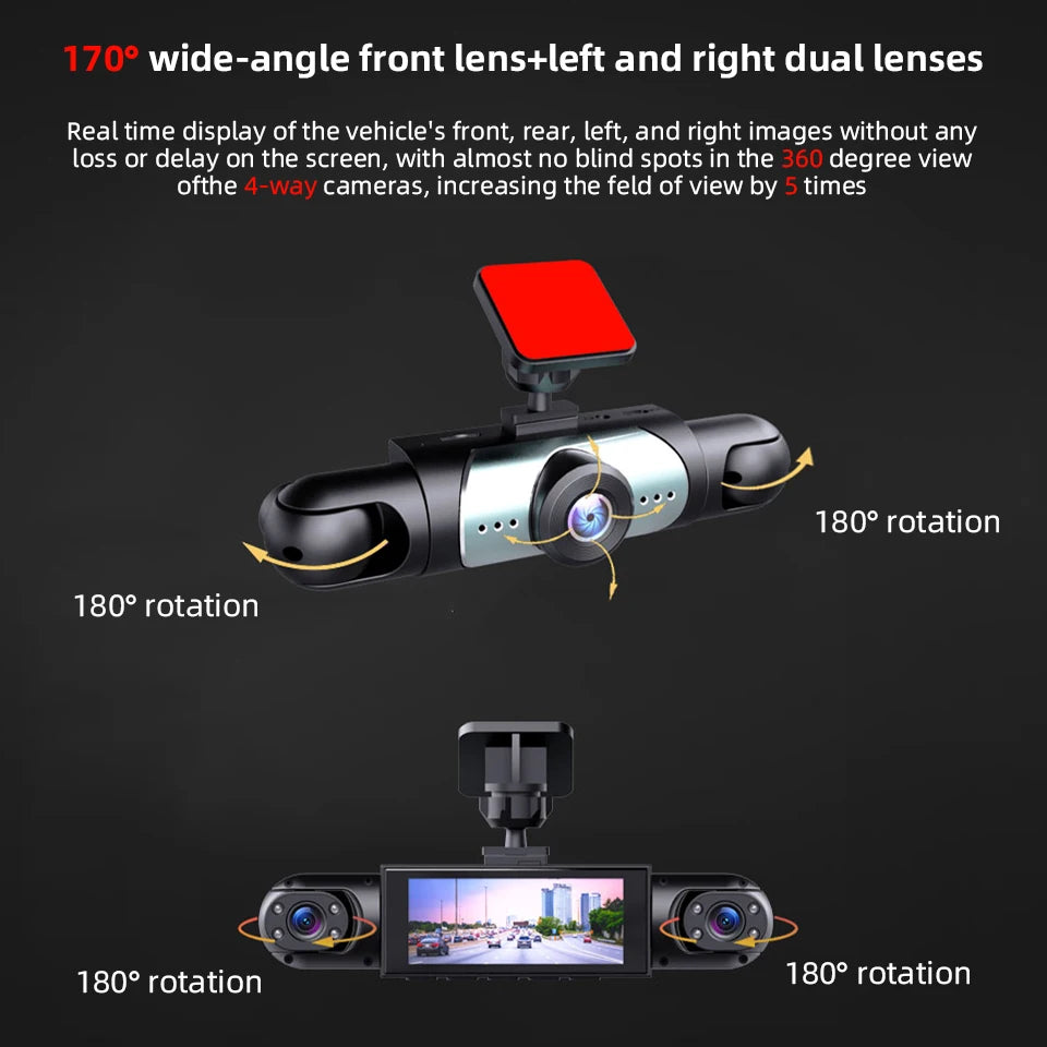 Caméra de tableau de bord à 3 objectifs HD 1080P, enregistrement en boucle, capteur G en option, surveillance à 4 objectifs, enregistreur de conduite 360 °   Angle de vision
