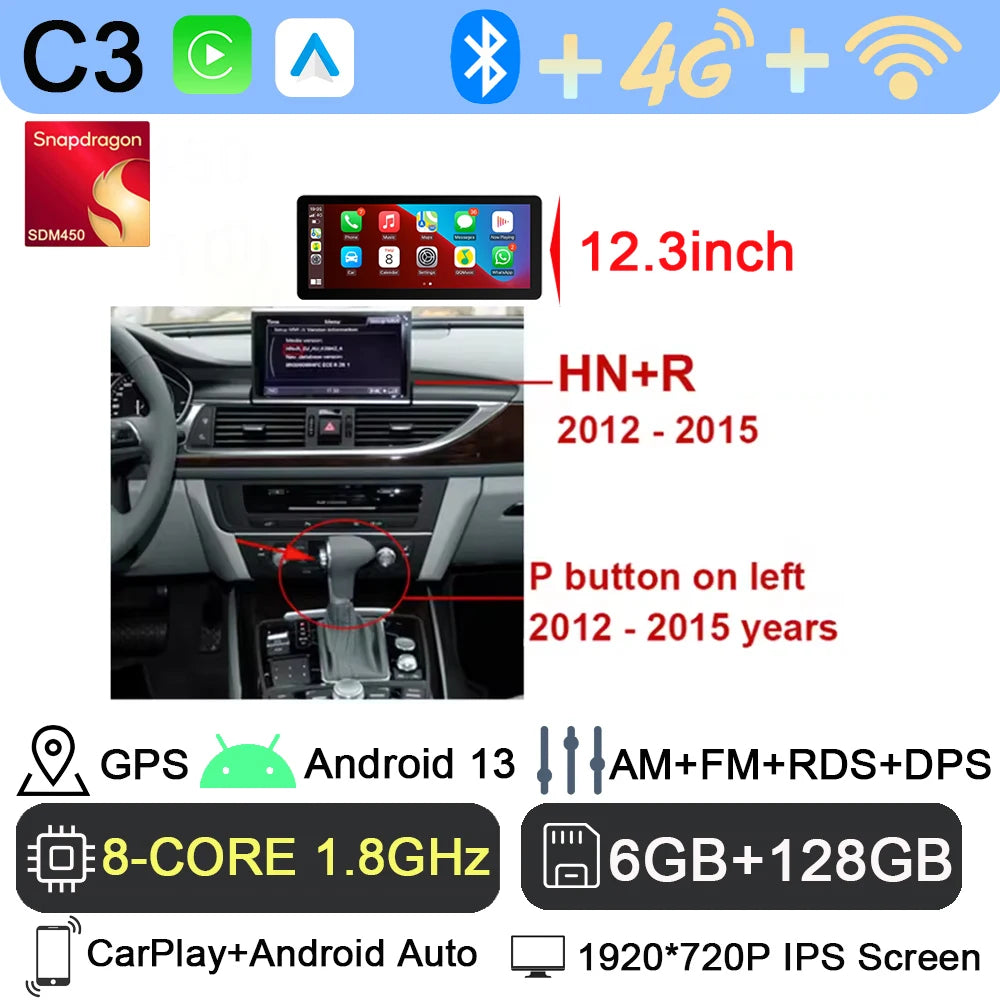 Android 13 sans fil Carplay 12.3 pouces pour Audi A6 C7 A7 2012-2018 autoradio multimédia Android Auto GPS 4G LTE DSP stéréo WiFi