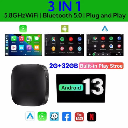 2026 Android 3In1 CarPlay Ai Box sans fil Android Auto USB adaptateur pour Youtube Netflix universel TV Box Plug and Play voiture jouer
