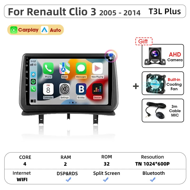 Srnubi CarPlay autoradio lecteur multimédia pour Renault Clio 3 2005 2006 2007 2008 2009 2010-2014 Android Auto GPS 2din autoradio