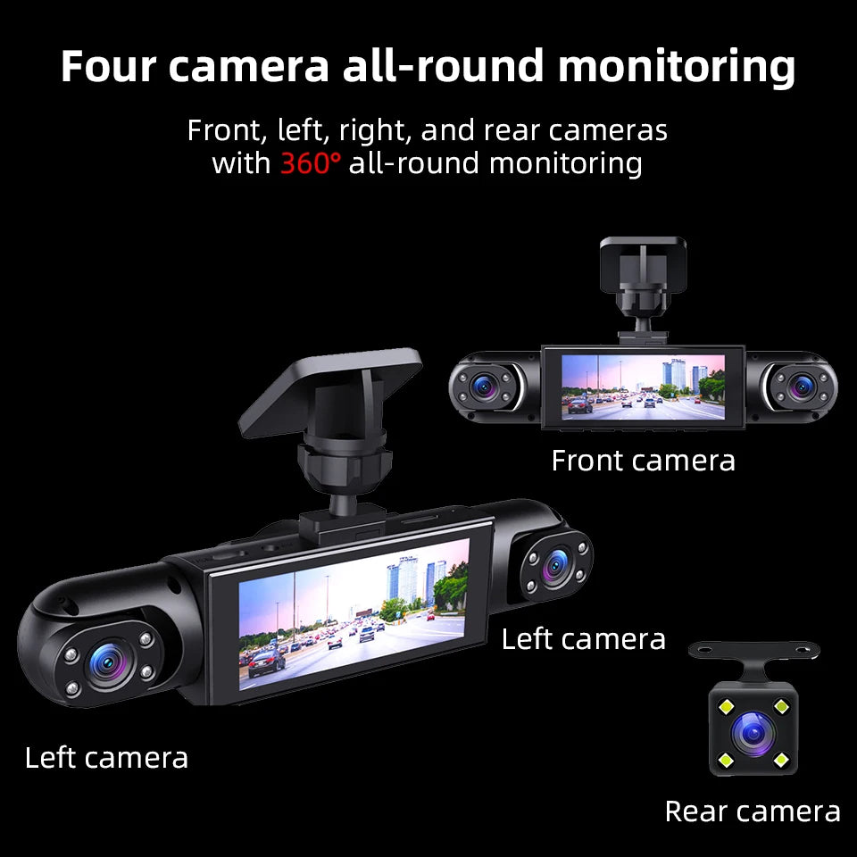 Caméra de tableau de bord à 3 objectifs HD 1080P, enregistrement en boucle, capteur G en option, surveillance à 4 objectifs, enregistreur de conduite 360 °   Angle de vision