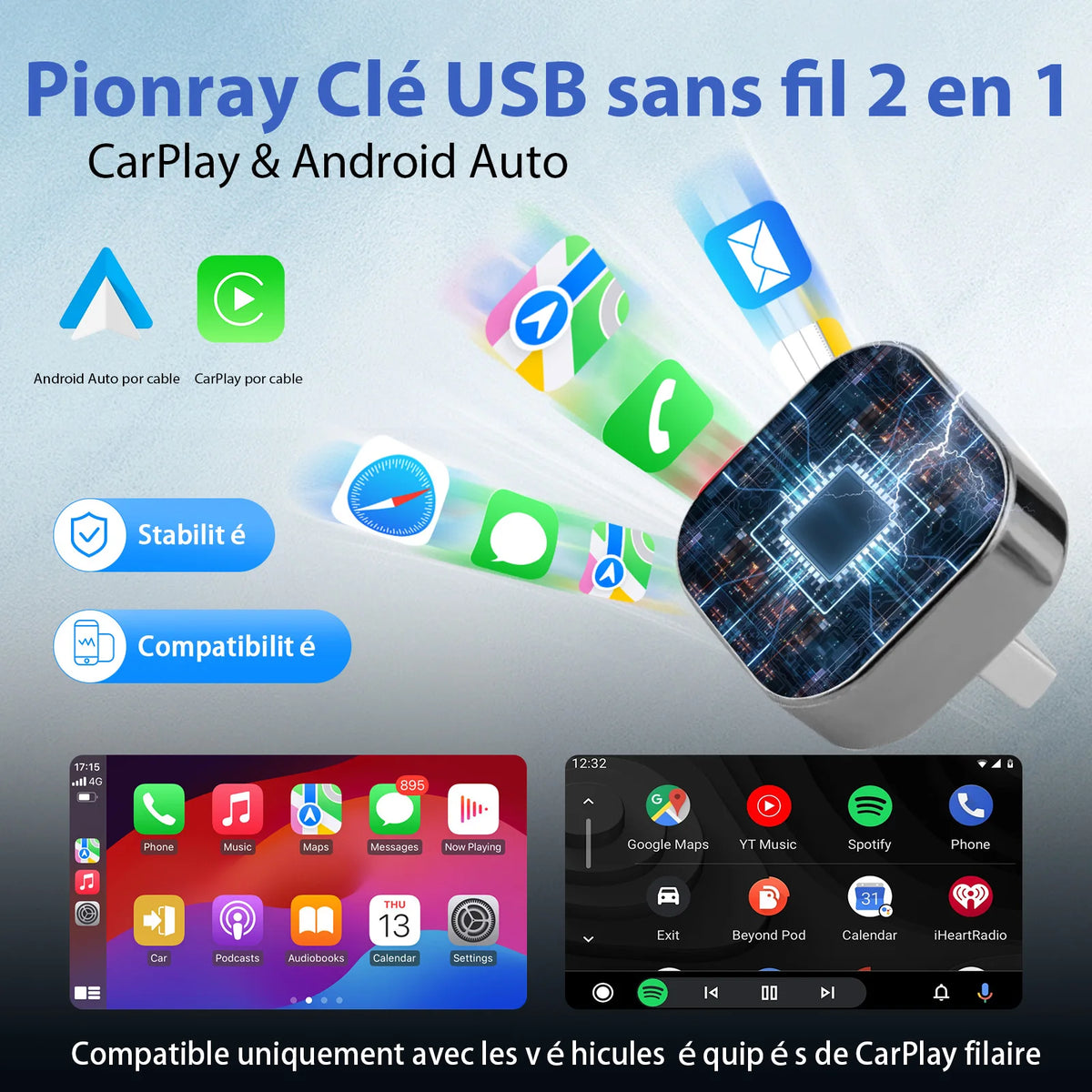 2026 Pionray 2 en 1 Adaptateur CarPlay / Android Auto Sans Fil - Connexion WiFi 5G Rapide - Plug and Play USB C