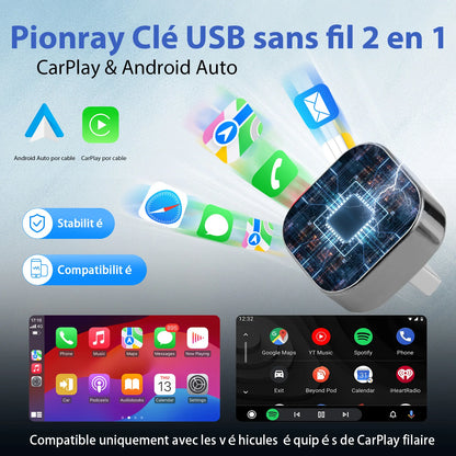 2026 Pionray 2 en 1 Adaptateur CarPlay / Android Auto Sans Fil - Connexion WiFi 5G Rapide - Plug and Play USB C