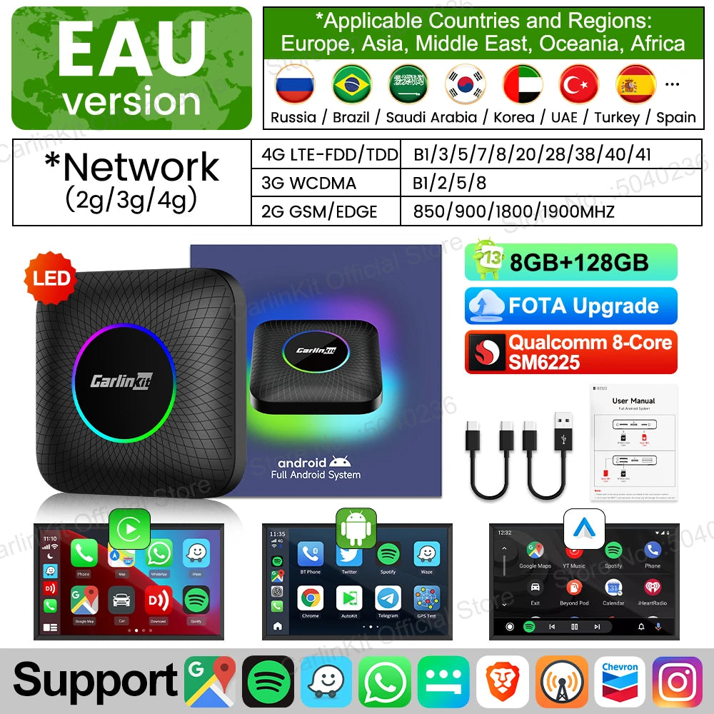 2026 NOUVEAU CarlinKit CarPlay Ai Box Qualcomm QCM6125 SM6225 CPU 8 cœurs Android 13 Carplay sans fil Android auto GPS 4G LTE pour voiture CarPlay filaire