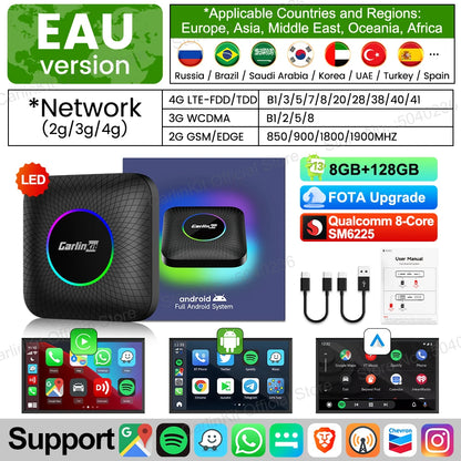 2026 NOUVEAU CarlinKit CarPlay Ai Box Qualcomm QCM6125 SM6225 CPU 8 cœurs Android 13 Carplay sans fil Android auto GPS 4G LTE pour voiture CarPlay filaire