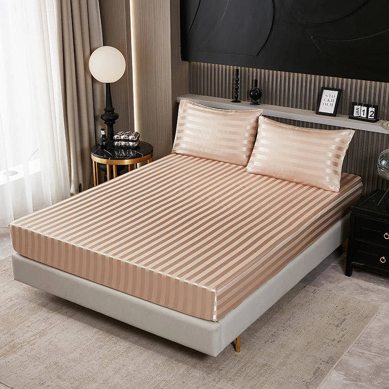 Satin-injFitted-طقم ملاءات سرير كوين، رمادي، ناعم، مبرد، جيب عميق، أطقم مفروشات، مخطط، سادة، غطاء مرتبة