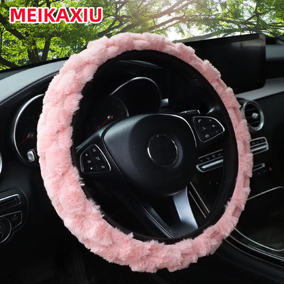 Anneau intérieur de voiture en fourrure de lapin artificielle 3D, couverture de volant gratuite adaptée aux articles de décoration de voiture de 14.5 à 15 pouces pour femmes