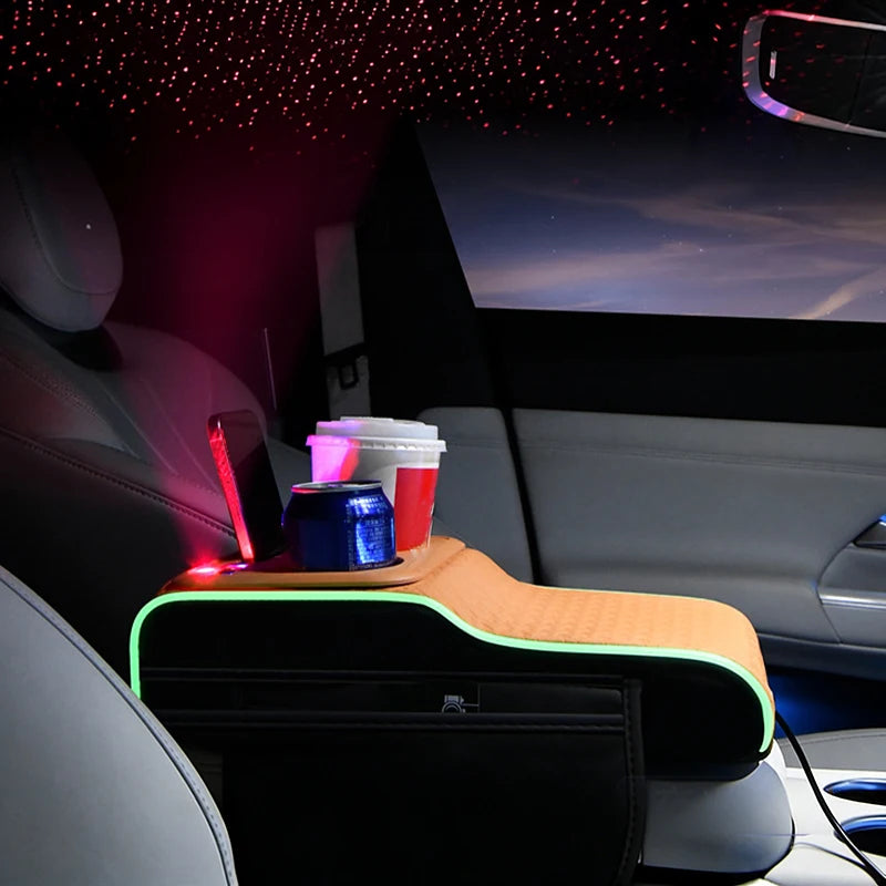 Boîte de rangement multifonctionnelle 10-en-1 pour accoudoir de voiture, avec coussin rehausseur sportif supérieur, port de charge USB et lampe d'ambiance étoilée