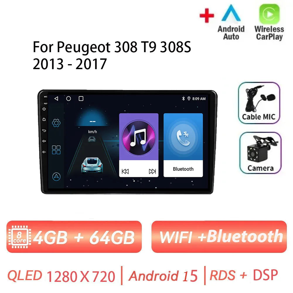 Android 15 pour Peugeot 308 T9 308S 2013 - 2017 Auto stéréo autoradio lecteur multimédia Navigation GPS 4G WIFI sans fil Carplay