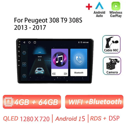 Android 15 pour Peugeot 308 T9 308S 2013 - 2017 Auto stéréo autoradio lecteur multimédia Navigation GPS 4G WIFI sans fil Carplay