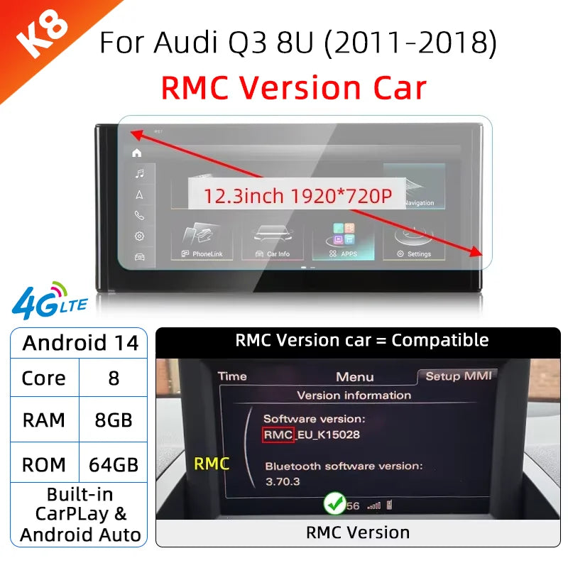 Android 14 sans fil CarPlay pour Audi Q3 8U 2011-2018 écran tactile Navigation WiFi DSP multimédia lecteur Radio accessoires