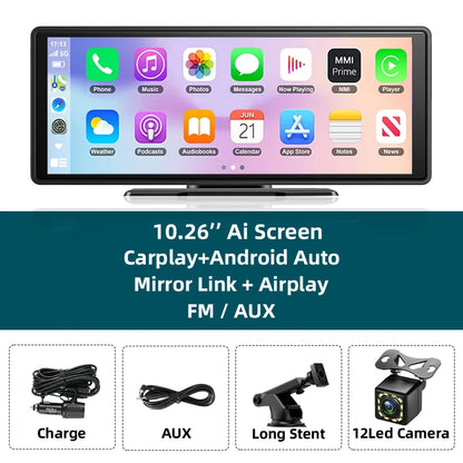 Écran Carplay sans fil portable, caméra de recul arrière HD, autoradio DVR, lecteur vidéo MP5, Android Auto, 10.26 pouces