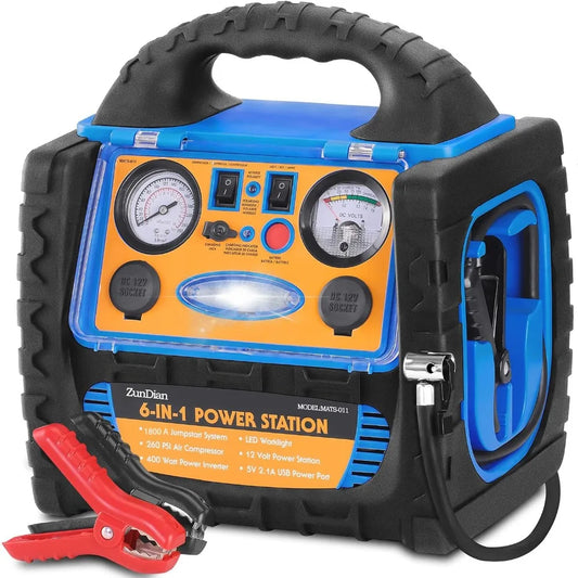Démarreur de saut de batterie de voiture 1800 ampères avec compresseur d'air gonfleur de pneu 260PSI 12V centrale électrique Portable 400W AC onduleur pour