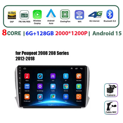 Autoradio multimédia Android 16 pour Peugeot 2008 208 Série 2012-2018 Lecteur Navigation GPS CarPlay sans fil Radio DVD Unité principale