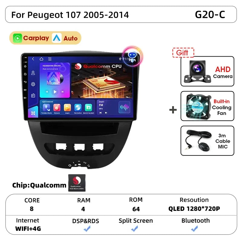Srnubi autoradio pour Peugeot 107 Toyota Aygo citroën C1 2005-2014 sans fil Carplay Android Auto lecteur multimédia de voiture 2 Din