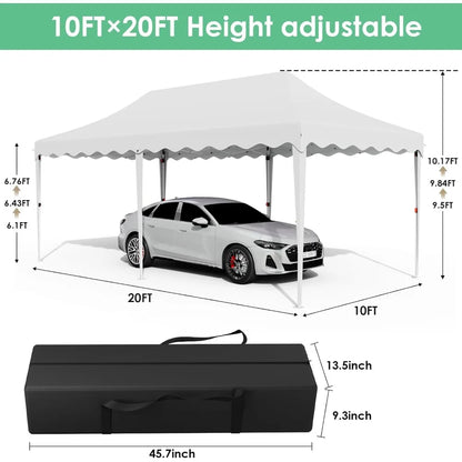 Auvent Pop up de 10 × 20 pieds, grand abri de tente instantanée commerciale pour mariage, abri solaire facile pour fête avec fenêtres et murs latéraux, transport B