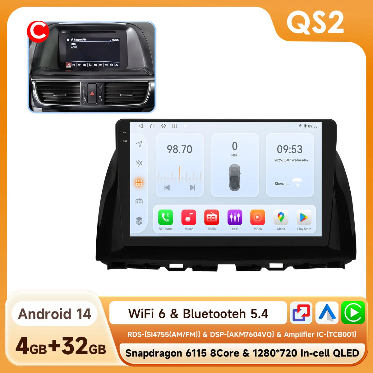 Snapdragon 8Core Android 14 autoradio pour Mazda CX5 CX-5 2012-2015 lecteur multimédia 6115 360 Cam Autoaradio Carpay Android Auto