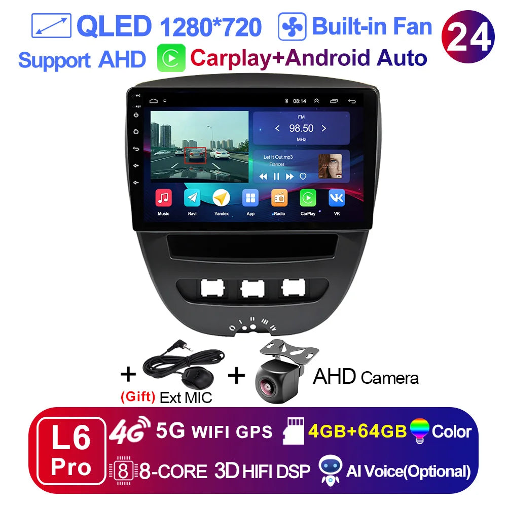 LEHX-Autoradio L6 Pro, Android 14, 2 Din, Stéréo, CarPlay, Limitation de Courant, GPS, pour Voiture KIT 107, Toyota Aygo, Cristaux en C1 (2005-2014)