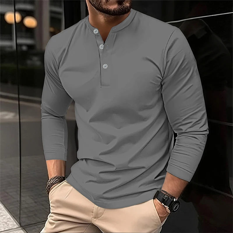 تي شيرت بولو رجالي صيفي 2025 بأكمام طويلة وياقة هنري، كاجوال ومسامي ومريح، تي شيرت بولو سادة عالي الجودة للرجال، شحن مباشر