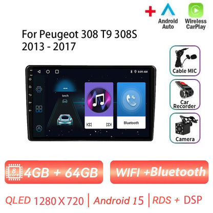 Android 15 pour Peugeot 308 T9 308S 2013 - 2017 Auto stéréo autoradio lecteur multimédia Navigation GPS 4G WIFI sans fil Carplay