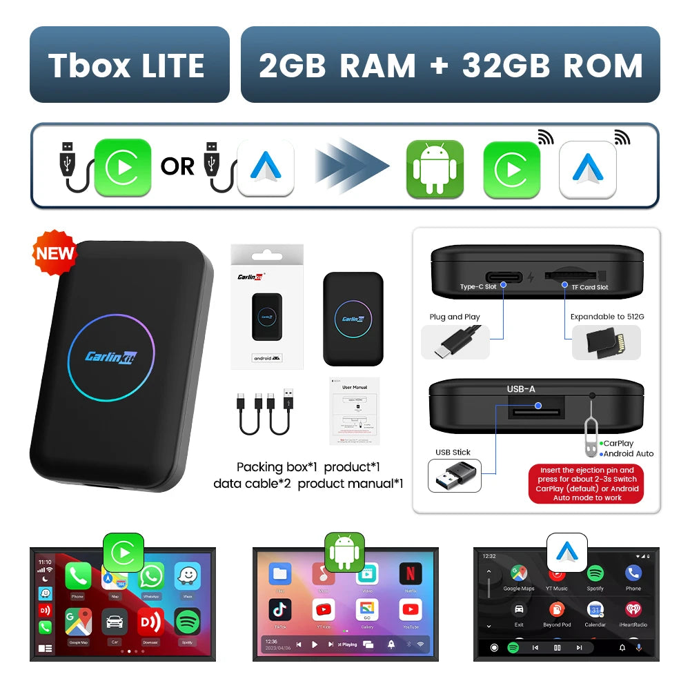 جهاز CarlinKit Lite Android TV Box محول لاسلكي 3 في 1 يدعم Netflix IPTV لاسلكي Android Auto & CarPlay Dongle لأجهزة راديو السيارة