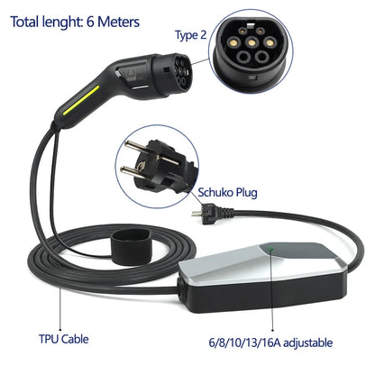 Chargeur EV Type 2 Type 1, boîtier de chargement pour voiture électrique 6A-16A, 10 mètres, 4 mètres, 1 phase, 3 phases, câble de chargement EVSE Mode 2