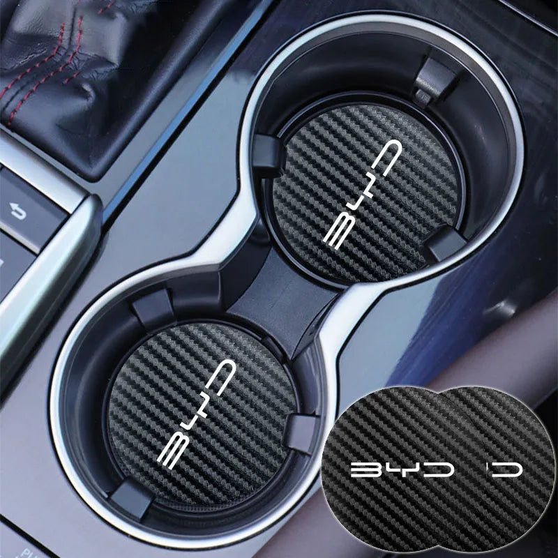 Tapis de dessous de verre en cuir, 2 pièces, emblème de voiture, coussin de tasse d'eau pour BYD Atto 3 Yuan F3 E6 F0 G3 I3 Plus Ea1 Song Max Tang Dmi 2din Pro E2