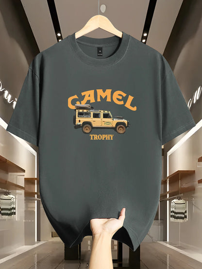 Haut d'été à manches courtes et col rond pour hommes, ample et décontracté, motif rétro Camel et Sahara désert imprimé