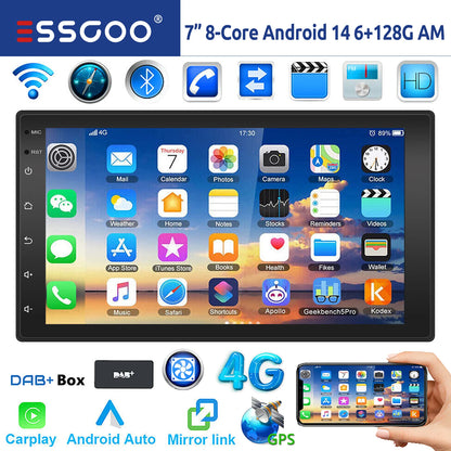 ESSGOO 7"/9"/10“ 2 DIN Android 14 8-Core 6+128G Autoradio Sans Fil Apple Carplay Android Auto GPS Navigation Bluetooth AM FM RDS WIFI Écran Tactile QLED 4G LTE USB Mirror Link Equalizer Commande au Volant