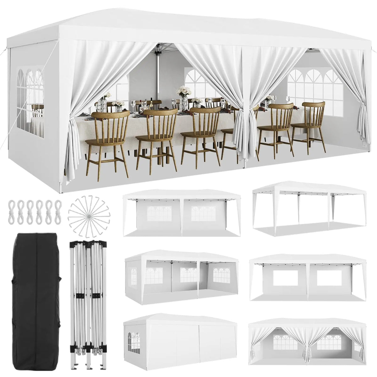 Tente de réception commerciale pliable 10x20, robuste, pour événements extérieurs, avec 6 parois latérales, imperméable, gazebo de fête et sac de transport