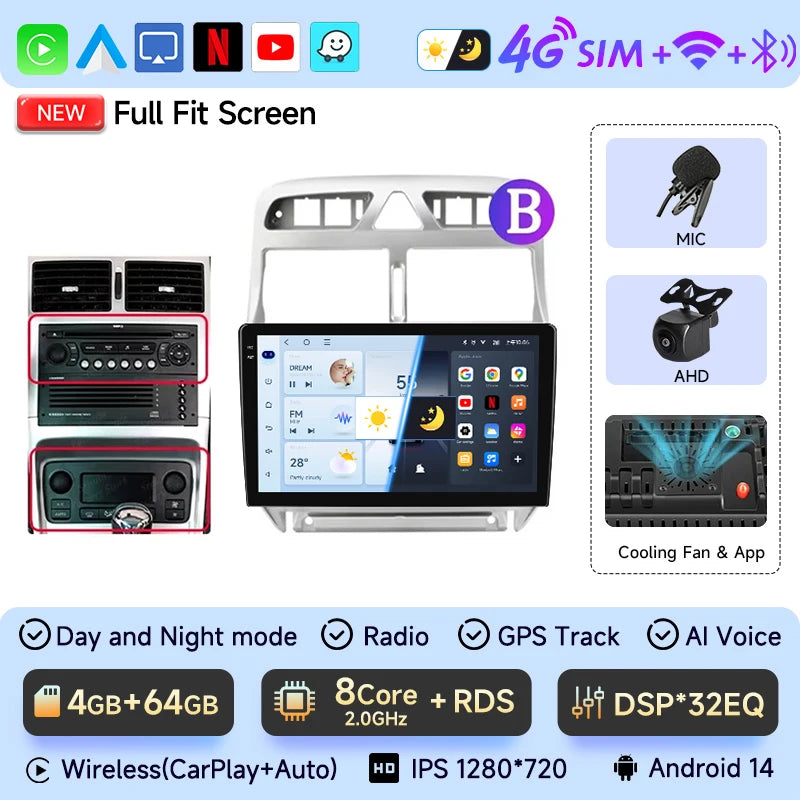 JIUYIN-Autoradio pour KIT 307, 307CC, 307SW, 2002-2013, CarPlay sans fil, Android Auto, systèmes intelligents de voiture, No 2 Din, DVD