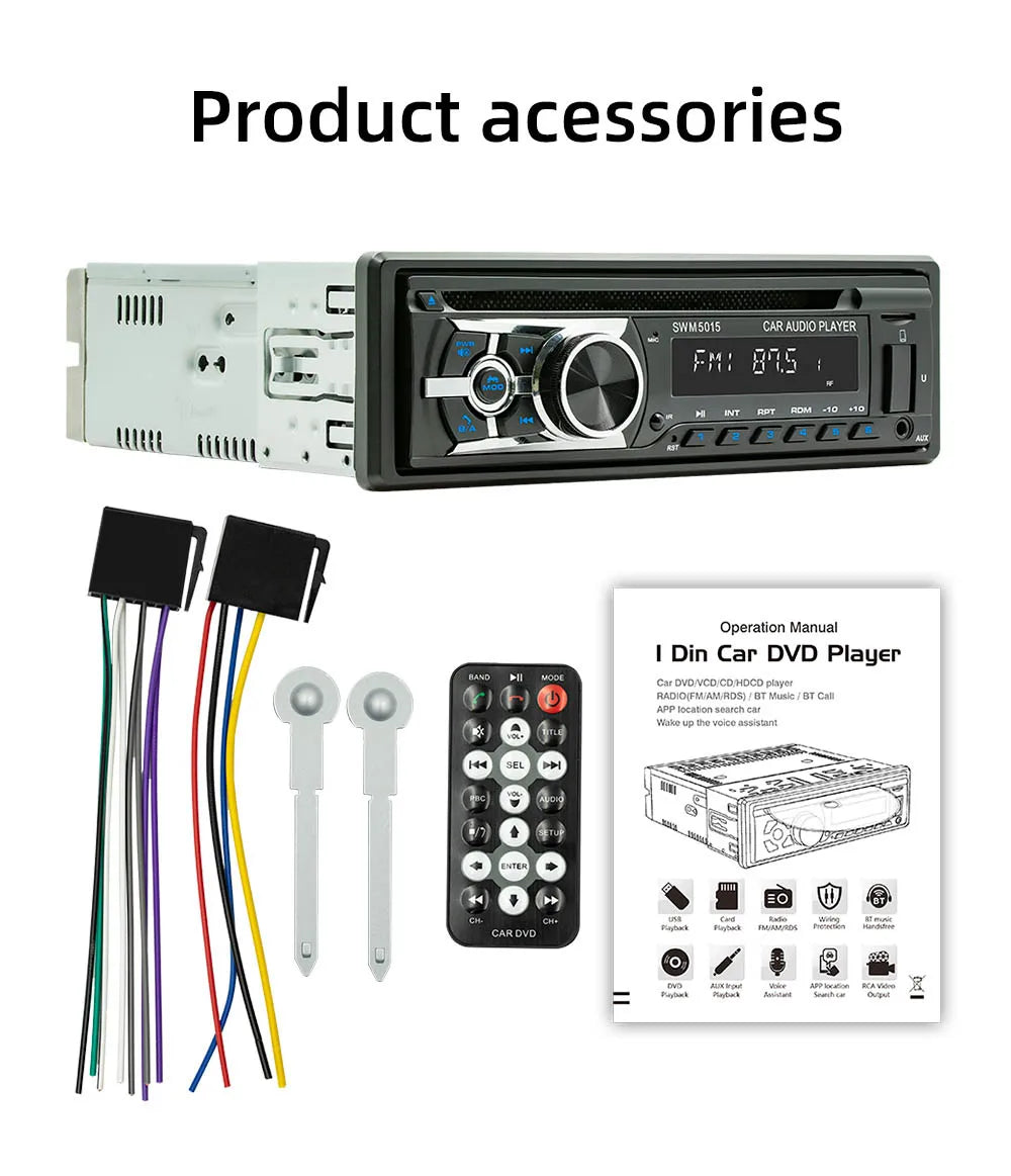 BQCC-Lecteur DVD/CD/VCD universel pour voiture, 1 Din, AI Voice BT, USB TF, entrée AUX, radio RDS, localiser une protection de câblage, EQ, stéréo