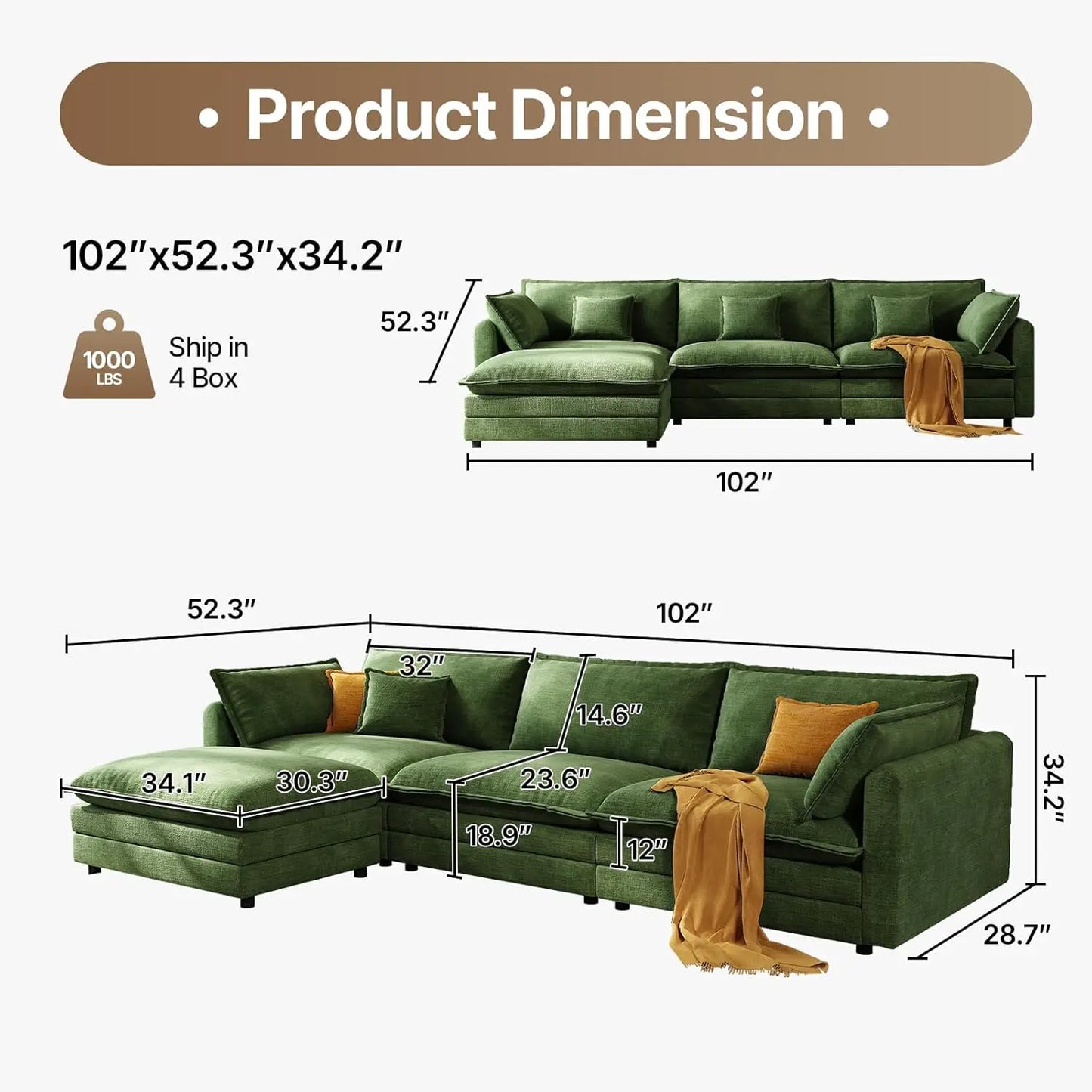Canapé modulaire sectionnel de 102 pouces - Canapé nuage vert avec ottoman mobile, meubles de salon en forme de L, design moderne personnalisé