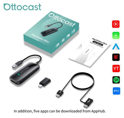 OTTOCAST Play2Video Ultra sans fil CarPlay et Android Auto AI Box intégré YouTube Netflix IPTV Plug & Play pour voiture filaire d'usine
